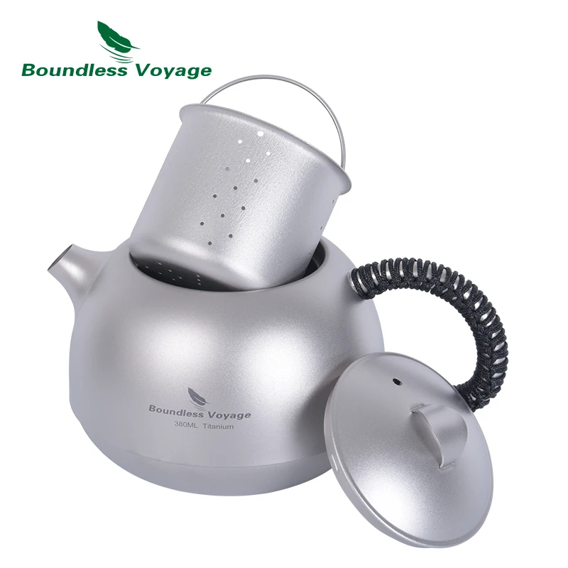Boundless Voyage 380ml Titanium Tea Kettle with Filter +3pcs 25ml Cups Ultralight Outdoor Teapot Set Camping Coffee Tea Maker