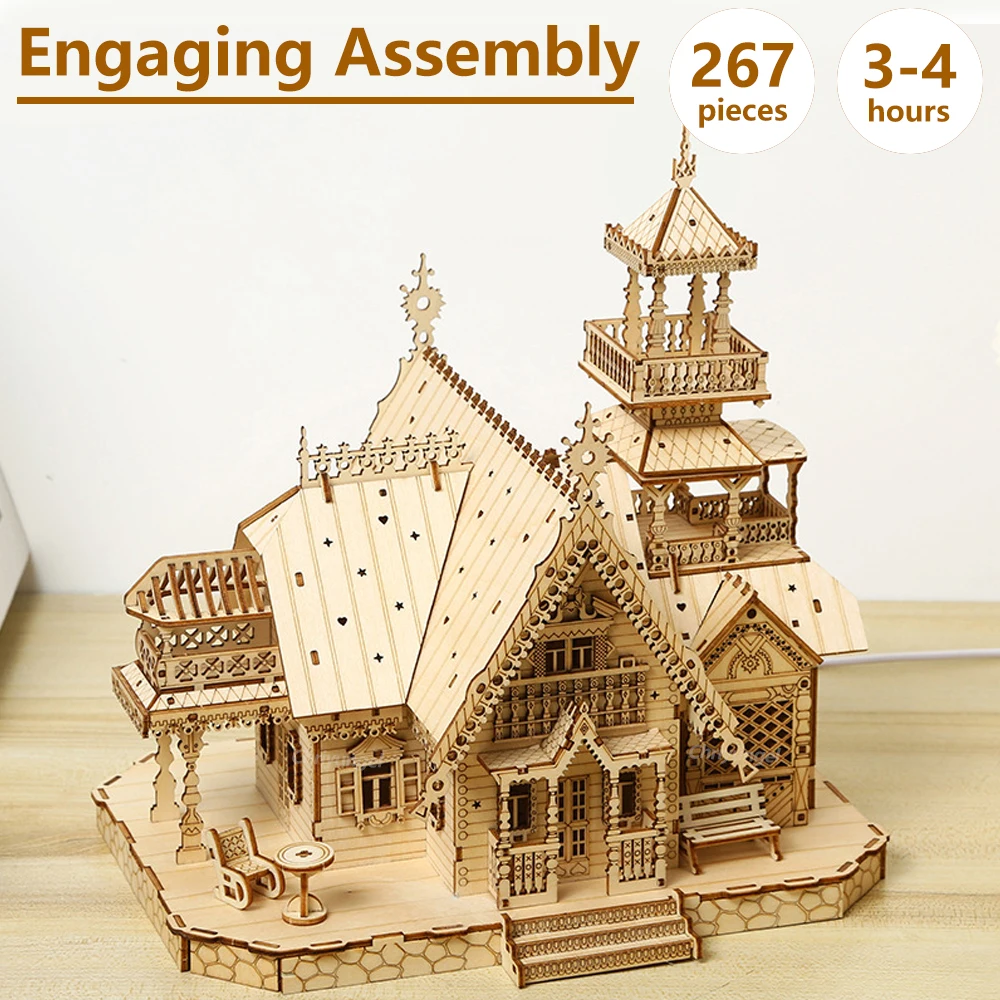 DIY Villa 3D Wooden Model Kit with Light Castle Puzzles Assembly Toy Kid Adult DIY Model Kits Desk Decoration for Gift 4