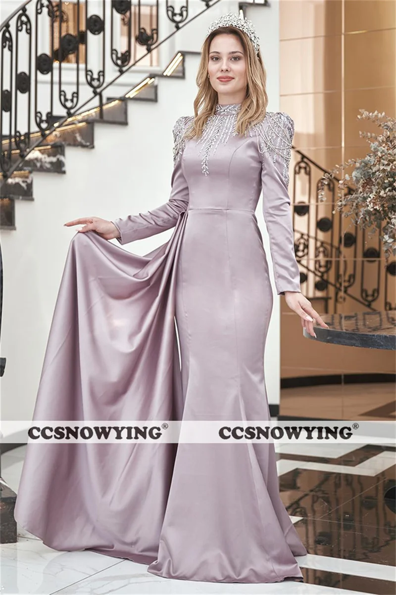 

Mermaid Appliquies Beaded Muslim Evening Dresses Arabic Dubai Satin Long Sleeve Hijab Women Formal Party Gown Robes De Soirée