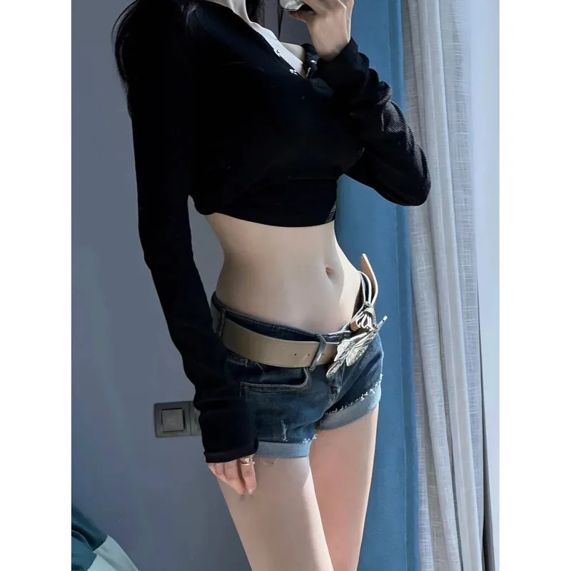 Sexy Sweet Spicy Girl Retro Denim Waist Shorts Women's 2024 Summer Low Waist Slim and Small Stature Curled Hem Pants Trend Short