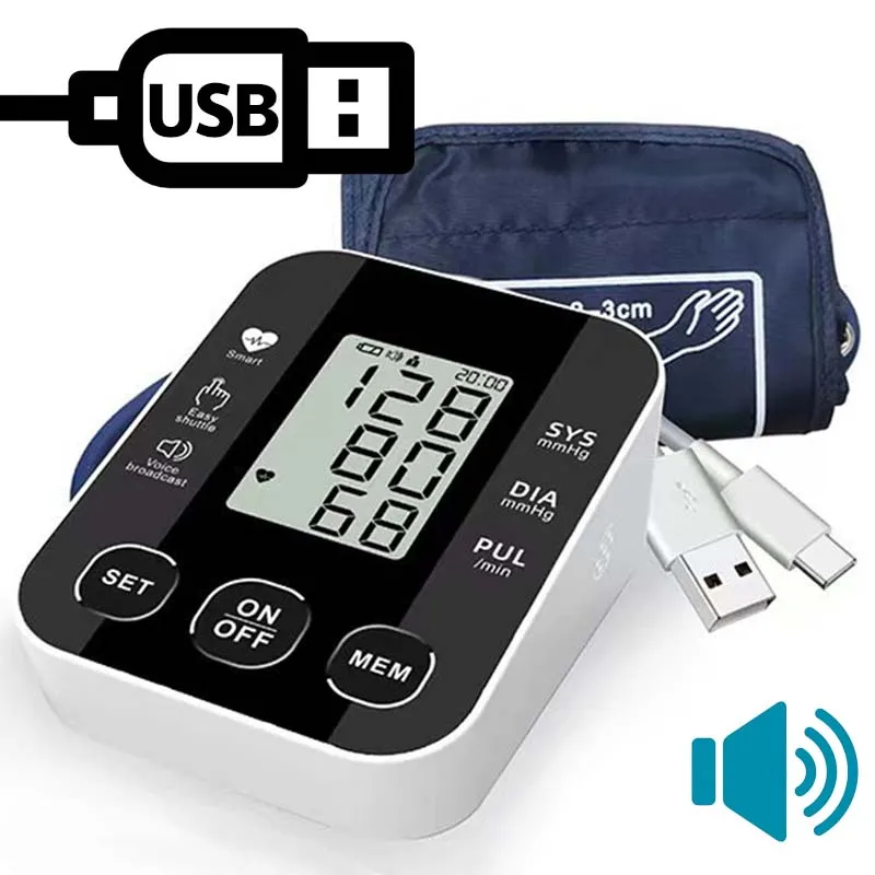 Blood Pressure Monitor Meter Arm Tonometer Medical English Voice Heart Rate Sphygmomanometer Digital Upper Tensiometers Cuff