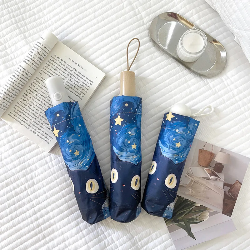 Van Gogh Oil Painting Cat Umbrella Portable Women's Sunscreen and Ultraviolet Rain or Shine