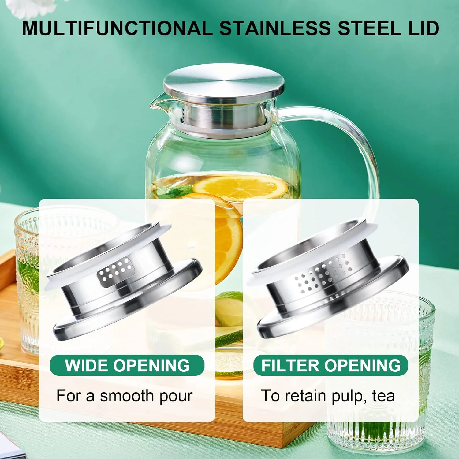 Glass Pitcher with Lid, Hot& Cold Glass Water Pitcher with Handle, Iced Tea Carafe for Coffee, Juice, Lemonade and Milk