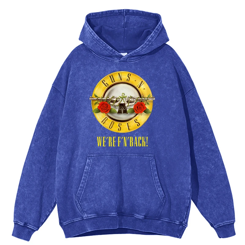 thumbnail image 1 of Sudadera con capucha vintage desgastada para hombre, con texto "Guns N' Roses We're Back Metal Rock", 100 % algodón, informal, 1 of 5