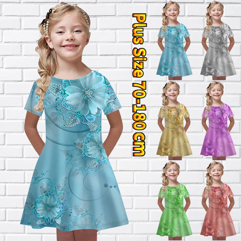 

2023 Little Girl Dress Spring Autumn Round Neck Loose Short Sleeve Skirt Oversized Knee-length Skirt Flower Printing Midi Skirt