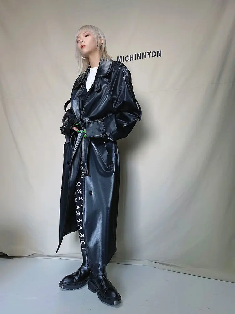 ADAgril Black Leather Trench Coat Women Retro Biker Long Windbreak Jackets Loose Korean Style Fashion Autumn Winter Clothes New