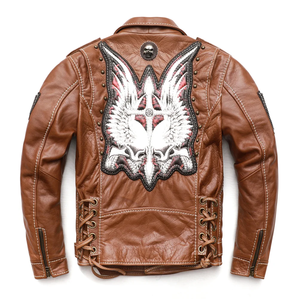 

Customized Motorcycle Biker Jacket Men 3D Pattern Professional Technical Thick Cowhide Leather Coat Winter M-8XL Asian Size M466