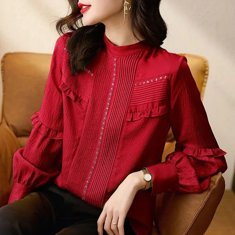 Women's Clothing Casual Stand Collar Shirt Fashion Ruffles Spliced Spring Autumn Solid Color Basic Pleated Long Sleeve Blouse white shirt detachable sleeves women floral lace pleated false cuffs ruffles elastic wrist warmers sweater blouse horn cuffs