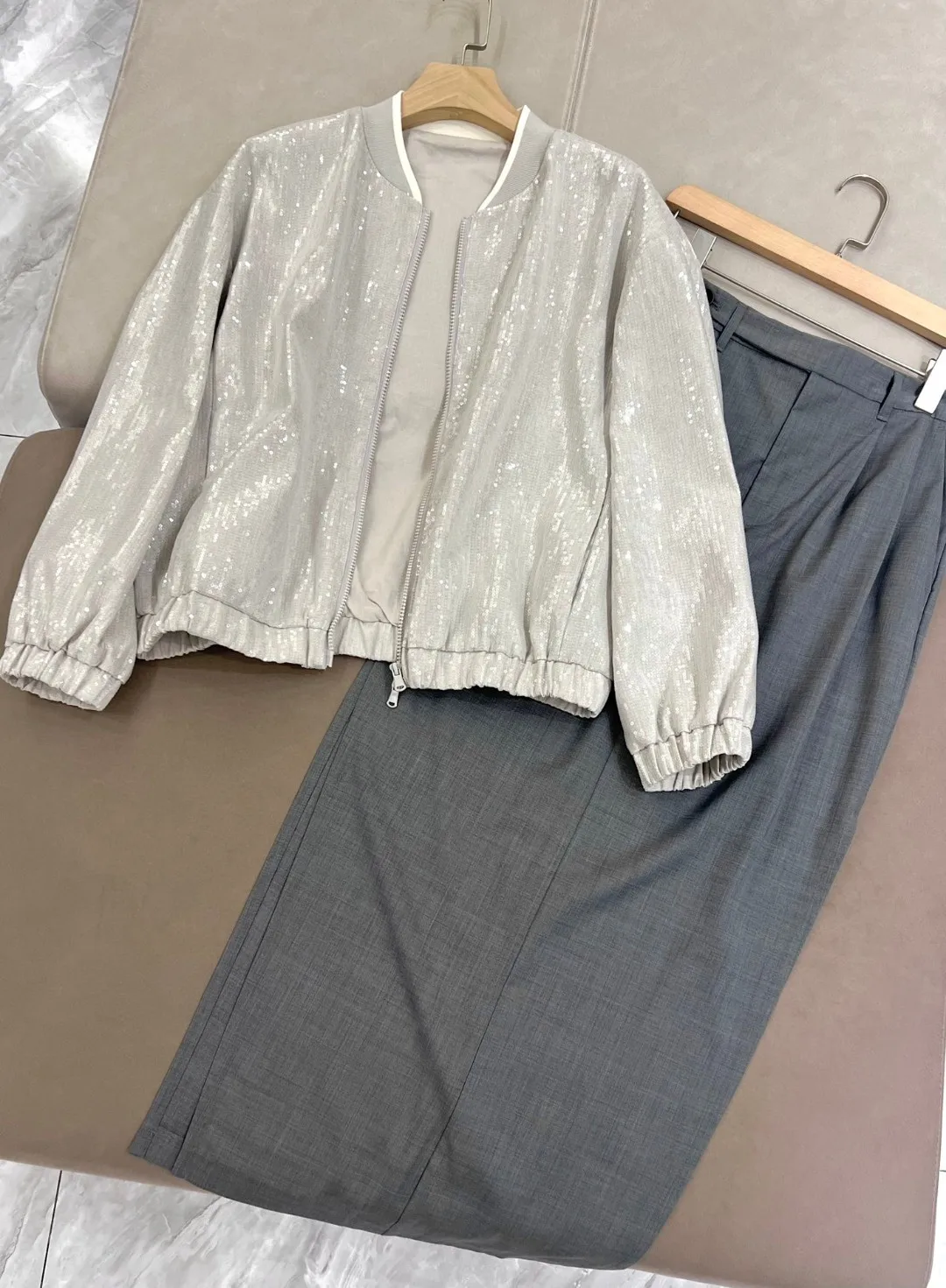

New Spring 2024 B*C Women's Skirts Suit Bomber Jacket Coat + High Waist Straight Long Skirt Elegant Woman Clothing 2 Piece Set
