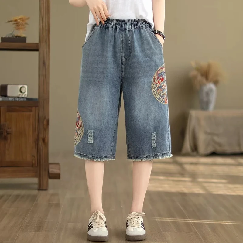 

Summer Women Embroidery Ripped Denim Pants Blue Color Cowboy Casual Elastic Waist Loose Female Wide Leg Pants Jeans U319