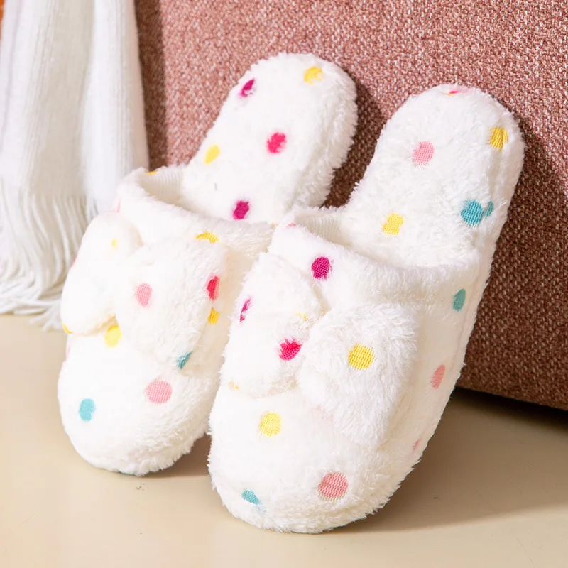 Female Cute Living Room Shoes Women's Bow Tie Slippers Autumn Winter House Warmth Thick Plush Soft Bedroom Floor Flip-flops 2