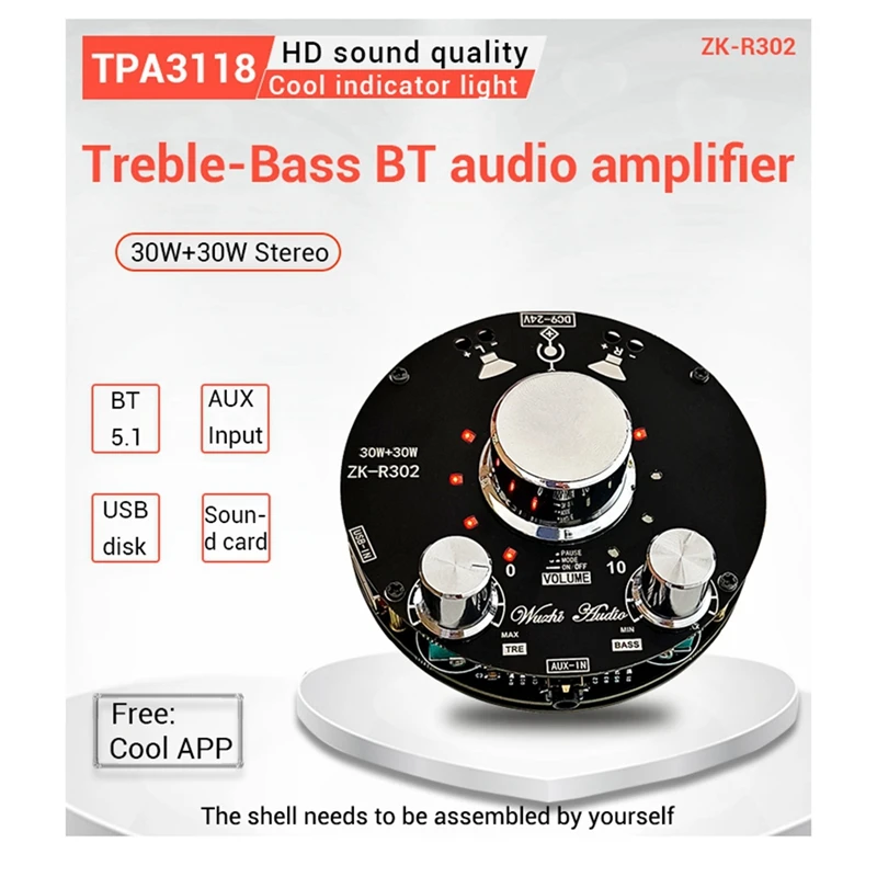 

ZK-R302 индикатор громкости светодиодный модуль платы TPA3118 Регулировка высоких и низких басов 30Wx 2 динамика