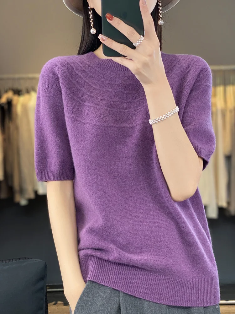 

2023 Half Sleeve Cashmere Women Knitted Sweaters 100% Pure Merino Wool Spring Fashion O-Neck Top Hollowed Out Pullover Clothing