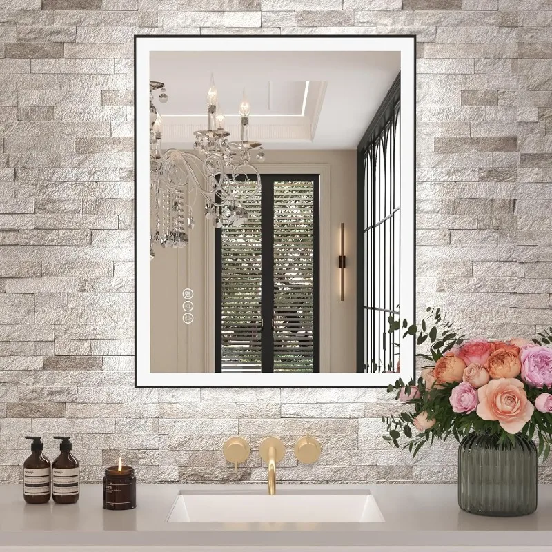 28"x 36" LED Bathroom Mirror with Black Frame Front Light and Backlit Controlled Separately Stepless Dimmable Anti-Fog Shatter