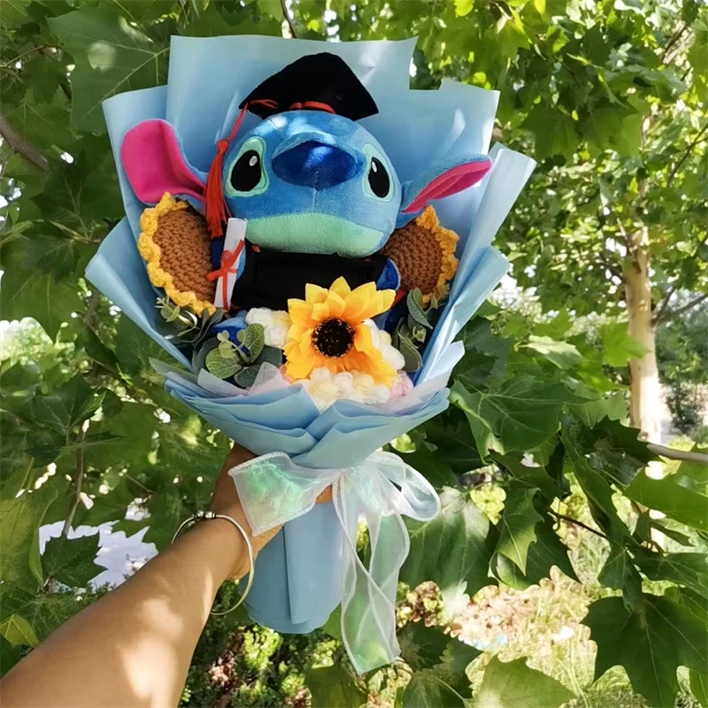 Anime Graduation Stitch Stellalou Plush Doll Toy With Sunflower Handmade Bouquet Stuffed Animals Valentine Christmas Gift 4