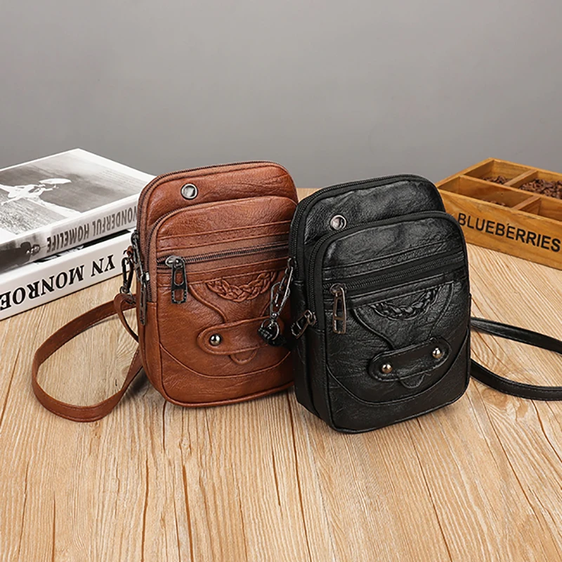 Women's Bags Soft Leather Phone Bag Vintage Washed Leather Single Shoulder Crossbody Bag Designer Style Versatile Lightweight