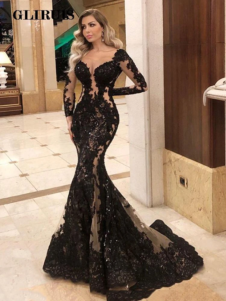 Mermaid Formal Evening Dress Long Sleeve 2022 Sexy Black Long Prom Party Gowns robe de soirée de mariage robes de soirée платье long evening gowns