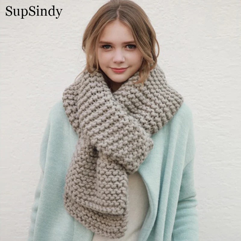 

SupSindy New Winter Women Wool Knitted Scarf Soft Comfortable Thick Warm Pure Color Scarves For Women Handmade Woolen Yarn Scarf