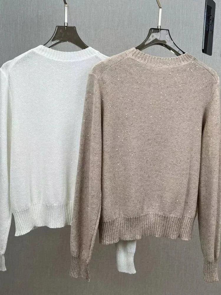 Women's Knit Sweater 2024 New Linen Blends Sequin Solid Color Casual Long Sleeve Jumper
