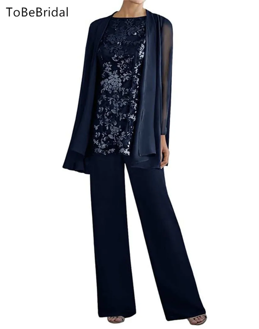 Mother Of The Bride Dresses Plus Size 3 Three Pieces Suits Pants Long Sleeve Embroidery Lace Jacket Evening Dresses Customized