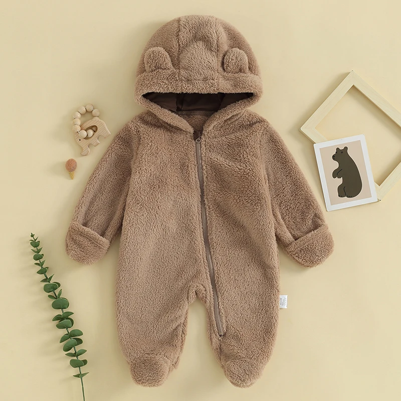 Baby Rompers Baby Jumpsuit Newborn Baby Girl Boy Solid Bear Ear Warmer Snowsuit Long Sleeve Fleece Hooded Romper Jumpsuit Soft Toddler Kids Winter Playsuit