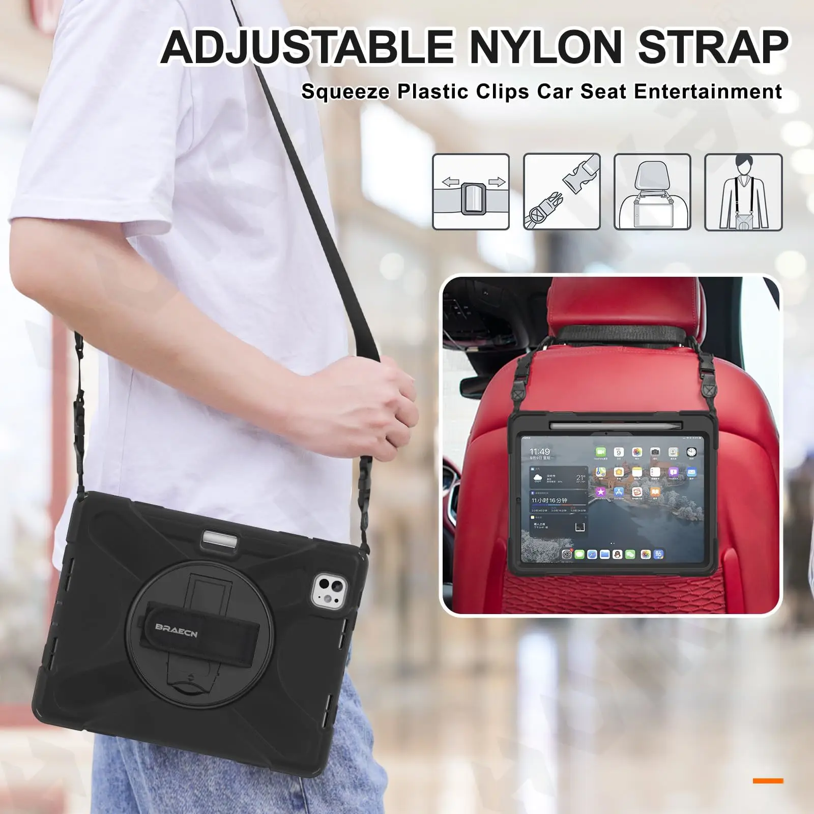Heavy Duty Rotating Shockproof Tablet Case with Stand and Hand/Shoulder Strap - Black
