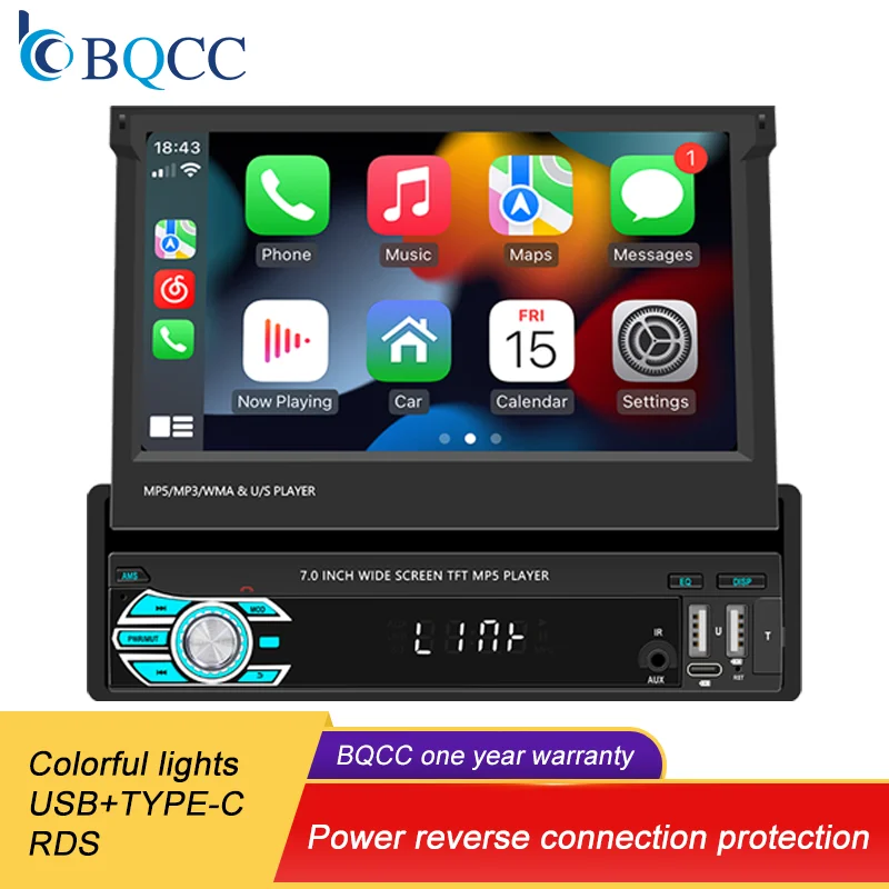 

BQCC 1Din Car Radio 7“ Retractable Screen Multimedia Video Player Autoradio Universal CarPlay Android MP5 Radio for Vehicle