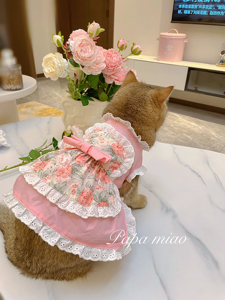 

Костюм горничной для домашних животных, кружевная Розовая Одежда для кошек, одежда для собак, платье