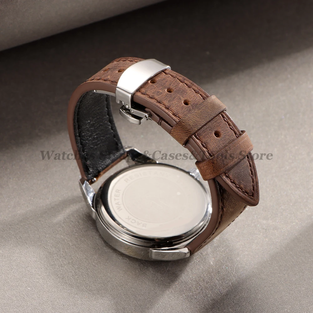 Vintage-Style Crazy Horse Leather Watch Strap with Butterfly Buckle and Timeless Stitching