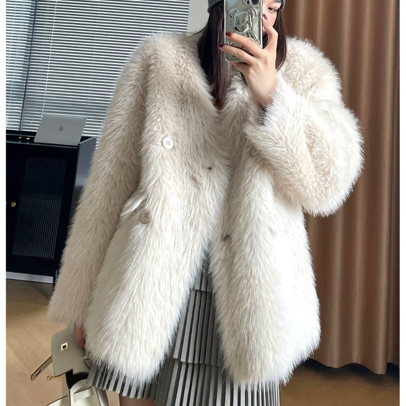 Women Luxury V-neck White Fur Coat Female Winter New Korean Fashion Loose Basic Elegant Warm French Long Sleeve Gray Fur Coat
