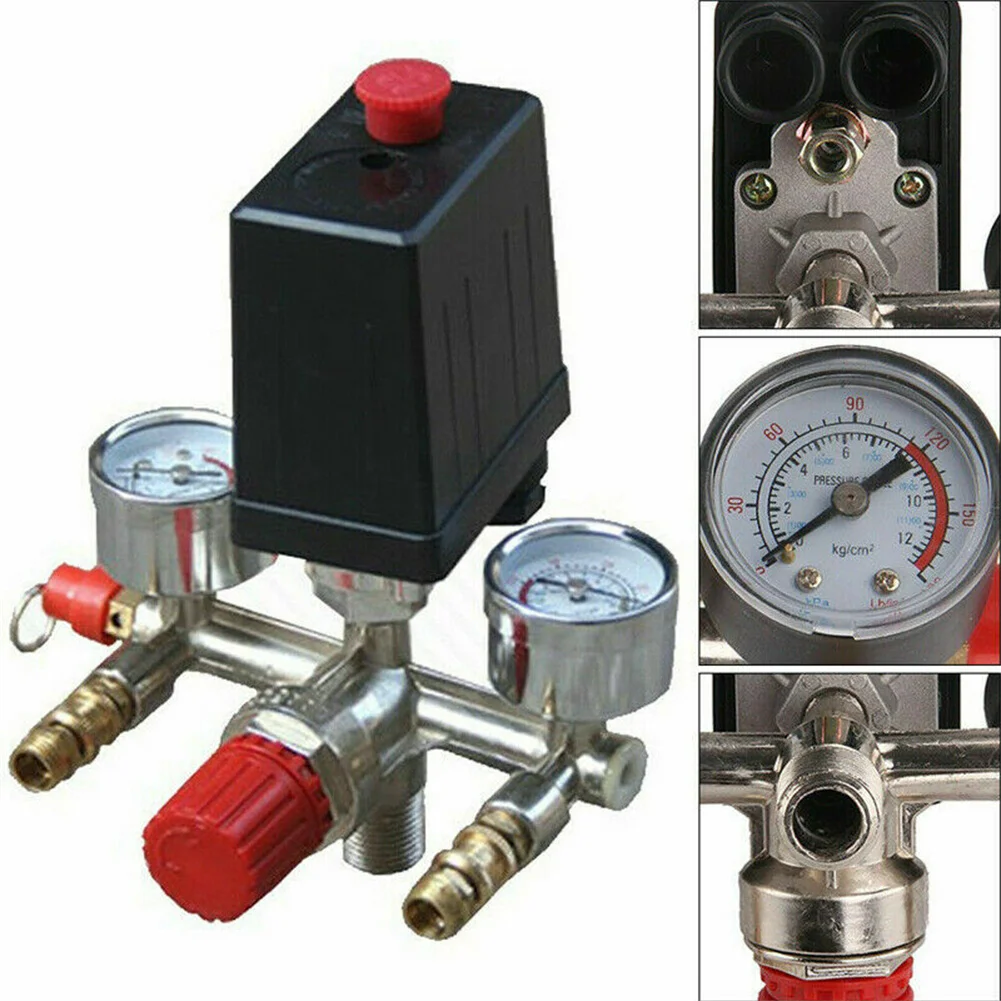 90-120psi Pressure Switch Control Valve Automatic Energy Saving Air Compressor Manifold Regulator Gauge