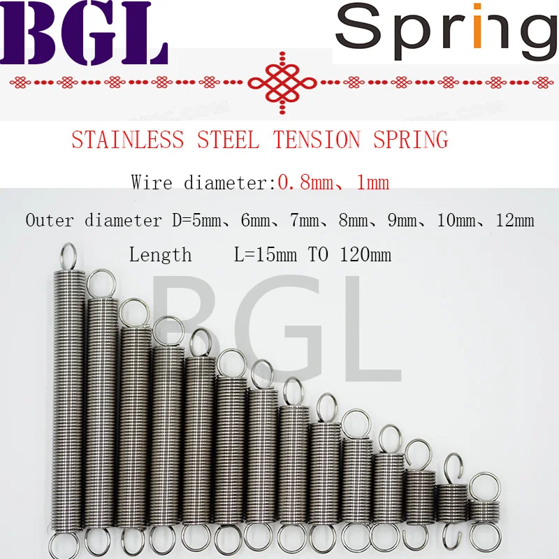5pcs/lot Tension spring 0.8mm、1mm 304 stainless steel extension spring OD 5mm-12mm length15mm to 120mm