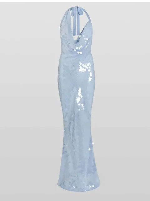 Grande robe queue de poisson à paillettes licou Sexy paillettes dos nu col suspendu plage longues Robes à lacets coupe ajustée femmes Robes été nouveau