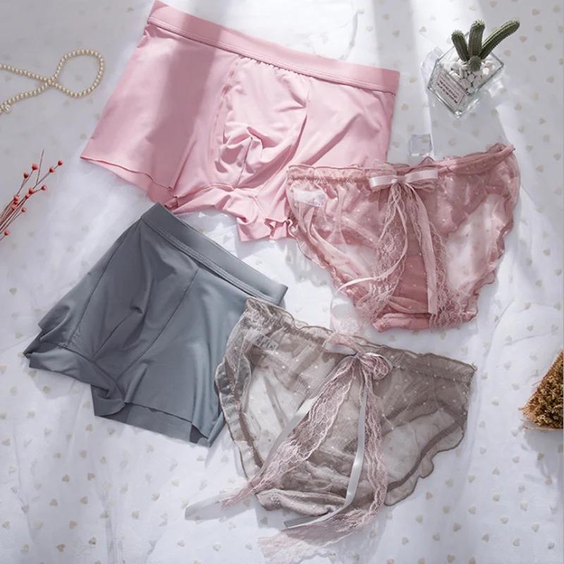 

2pcs Couples Panties Sexy Mesh Lace Women Underwear Ice Silk Lovers Underpants Men's Boxers Short Love's Underpants