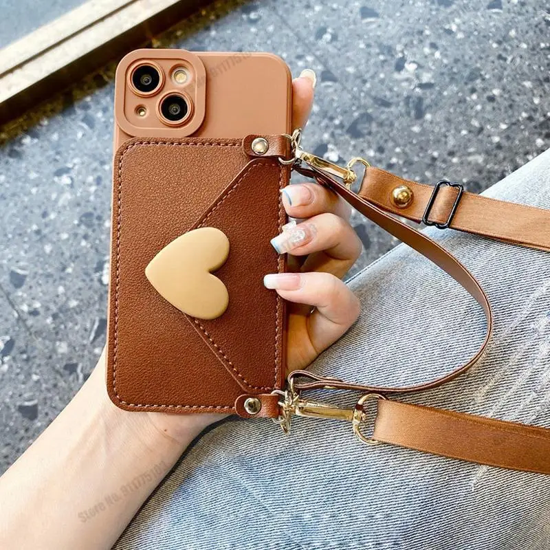 Crossbody Lanyard 3D Heart Wallet Card Case with Wrist Strap - Soft Silicone Cover