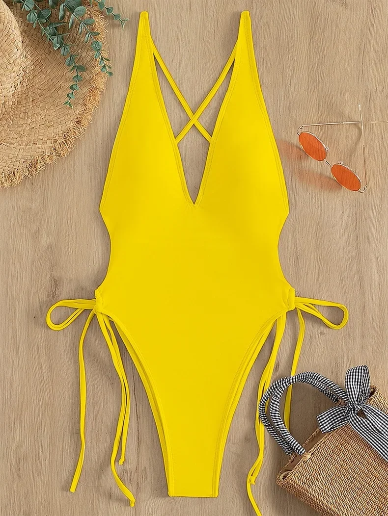 Sexy Deep V Neck One Piece Swimsuit Women Solid Yellow White Hollow Out Pleate Swimwear Beach Bandage Bathing Suit Monokini