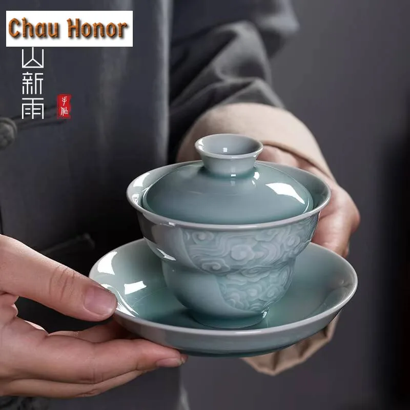 160ml Luxury Plum Green Ceramic Gaiwan Handmade Longquan Celadon Gourd Sopera Tea Tureen Tea Maker Cover Bowl Teaware Collection