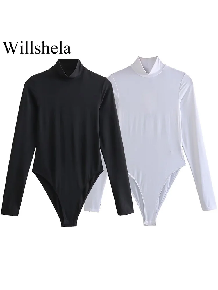 

Willshela Women Fashion Solid Slim Fit Bodysuits Vintage Half High Neck Long Sleeves Female Chic Lady Tops