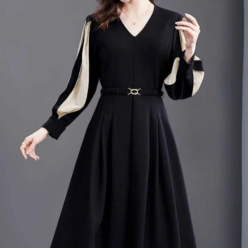 Office Lady Solid Color Patchwork Midi Dress Elegant V-Neck All-match Spring Autumn Sashes A-Line Waist Women's Pleated Dresses 4