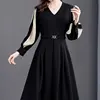 Office Lady Solid Color Patchwork Midi Dress Elegant V-Neck All-match Spring Autumn Sashes A-Line Waist Women's Pleated Dresses 4