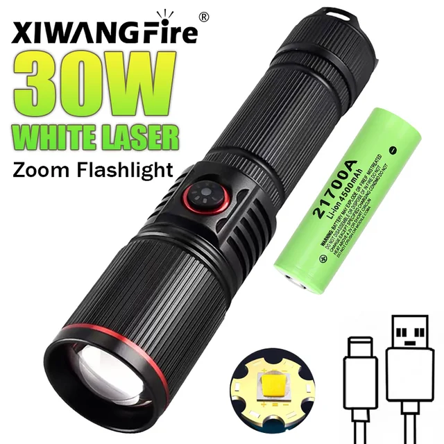 30W White Laser LED Flashlight Zoom Torch USB Rechargeable Light Outdoor Camping Hunting Fishing Walking Riding Lighting Lamp
