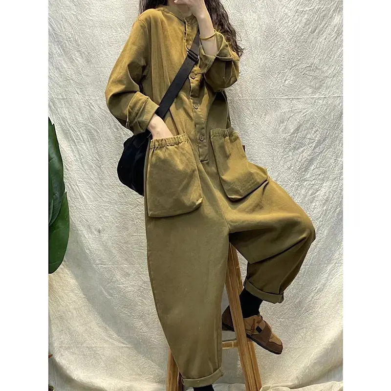 Solid Jumpsuits for Women Long Sleeve Round Neck Loose Harajuku Straight Pants Casual Workwear Korean Style Vintage Playsuits