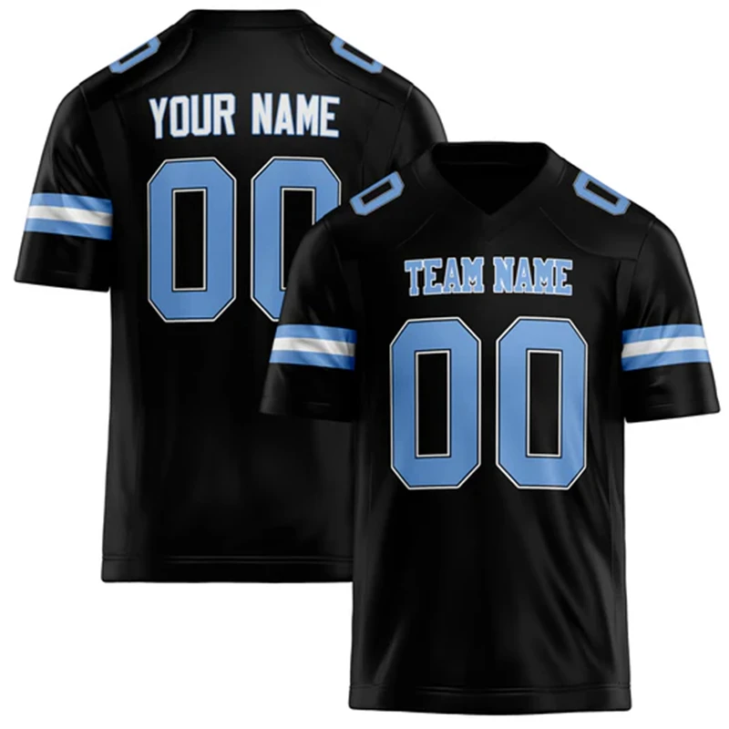 Rugby T-shirt met gepersonaliseerde teamnaam, nummer en logo, zelf te maken, V-hals, zwart, losvallend, sneldrogend, teamuniformen_voghion.com