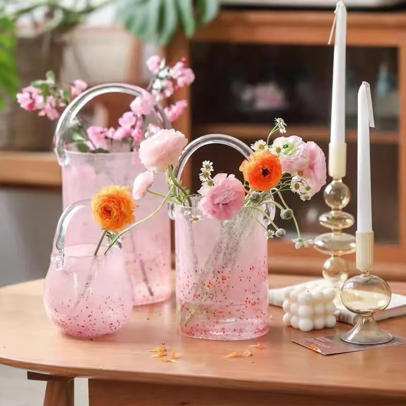 Pink Pail Glass Handbag Home Decor Flower Vase Decoration Piece
