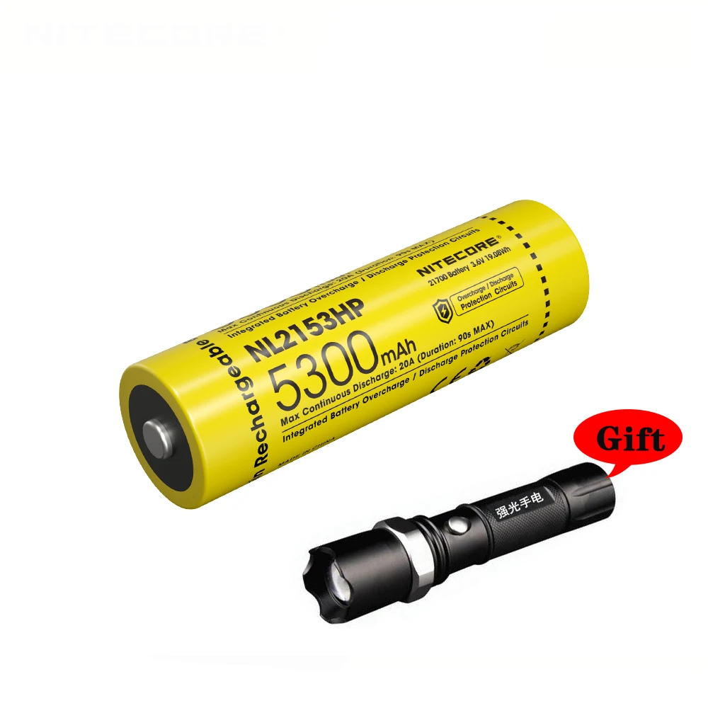 

NITECORE NL2153HP Flashlight battery 5300mAh 20A 3.6V 19.08Wh 21700 high drain Li-ion rechargeable battery With free flashlight