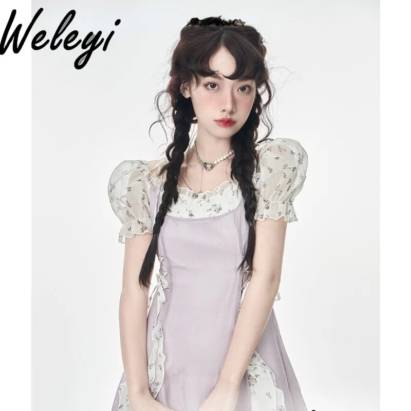 

Sweet Fairy Dresses French Romantic Gentle Women's 2024 Summer Puff Short Sleeve Ruffles A Line Tea Break Princess Long Sukienka