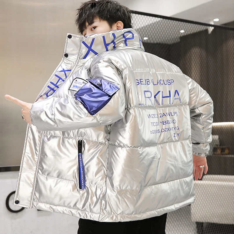 New Casual Men's 2023 Autumn Winter Silk-Like Cotton Coats Korean Tops Slim Shiny Parkas Bright Thick Warm Cotton-Padded Jackets