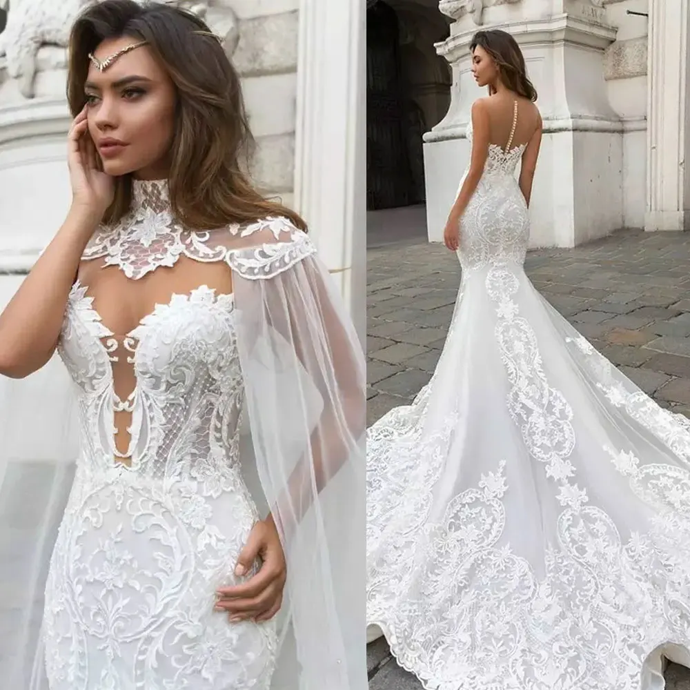 

Gorgeous Mermaid Lace Wedding Dresses With Cape Sheer Plunging Neck Bohemian Wedding Gown Appliqued Bridal Vestidos De Novia