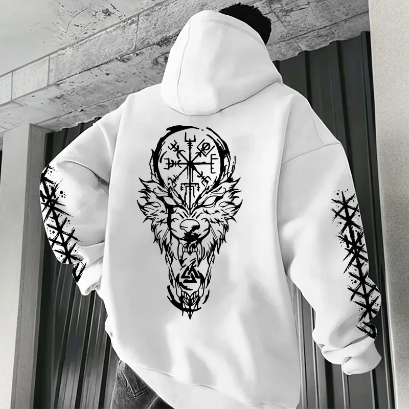 Mens Norse Raven Wolf Hooded Sweatshirt Winter Casual