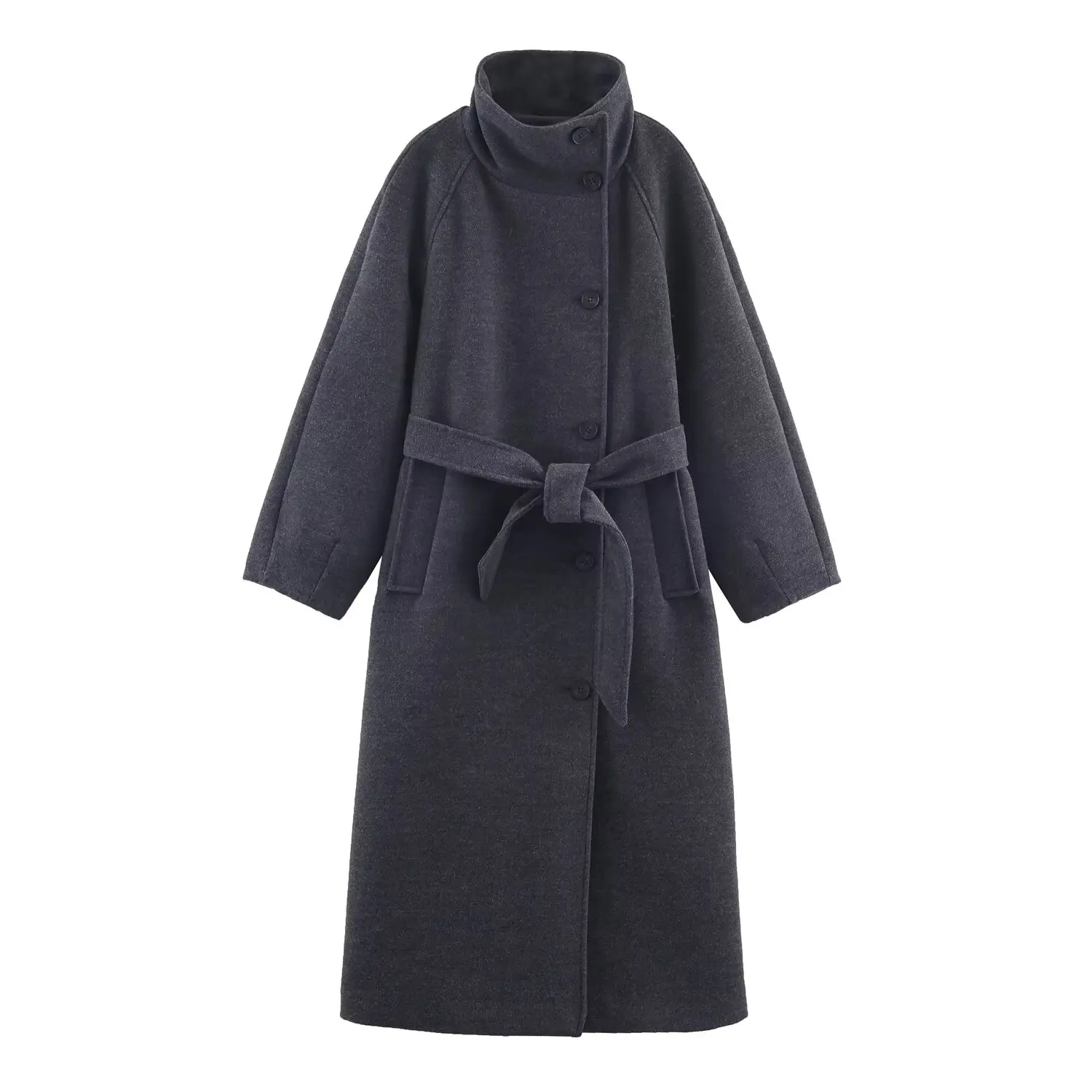 Ladies'Elegant High-End Grey Woolen Coat Women Stand Collar Single Breasted With Belt Long Coat Commut Casual High Street Coat